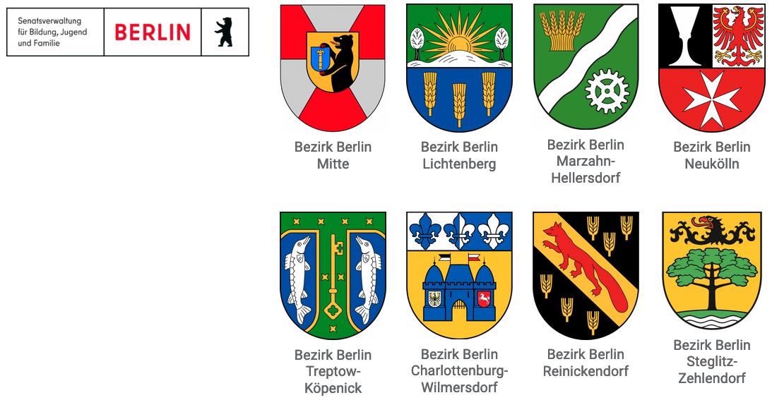 Förderlogos der Senatsverwaltung für Bildung, Jugend und Familie und der Bezirke Mitte, Lichtenberg, Marzahn-Hellersdorf, Neukölln, Treptow-Köpenick, Charlottenburg-Wilmersdorf, Reinickendorf und Steglitz-Zehlendorf
