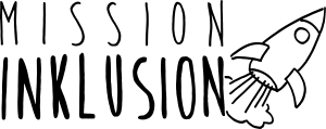Das Bild zeigt das Logo von Mission Inklusion, es ist der Schriftzug "Mission Inklusion". Neben dem Schriftzug sieht man eine startende Rakte. Das Logo ist schwarz-weiß.