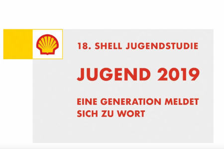 Titelbild der 18. Shell Jugendstudie "Jugend 2019, eine Generation meldet sich zu Wort." Oben links ist das Logo von Shell zusehen.