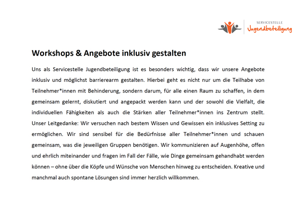 Das Bild zeigt das Deckblatt des Readers "Workshops und Angebote inklusiv gestalten".© Servicestelle Jugendbeteiligung e.V., 2021© Servicestelle Jugendbeteiligung e.V., 2021