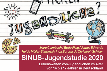 Titelbild von: "SINUS-Jugendstudie 2020, Lebenswelten von Jugendlichen im Alter von 14 bis 17 Jahren in Deutschland." Im Hintergrund ist ein Liniertes Blatt zu sehen auf dem verschiedene Symbole gezeichnet worden.