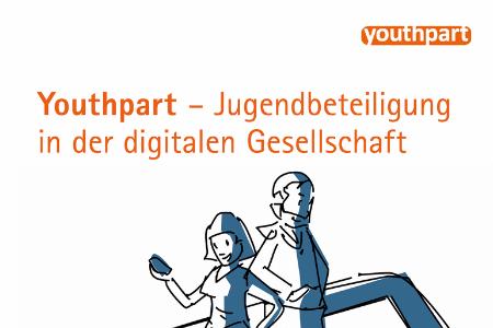 Titelbild von: "Youthpart- Jugendbeteiligung in der digitalen Gesellschaft". Oben rechts ist das Logo von youthpart zu sehen. Unten sind zwei Personen gezeichnet abgebildet. Eine Person hält ein Smartphone in der Hand.