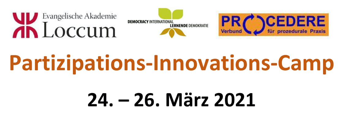 Logoreihe vom Paritzipations-Innovations-Camp 24.-26. März 2021. Logos von links nach rechts: Evangelische Akademie Loccum, Democracy international - lernende Demokratie; Procedere - Verbund für prozedurale Praxis