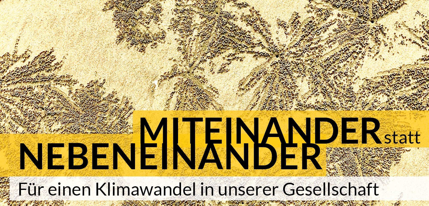 Schriftzug Miteinander statt Nebeneinander (Für einen Klimawandel in unserer Gesellschaft). Hellgelber Hintergrund mit farnähnlichen Strukturen.