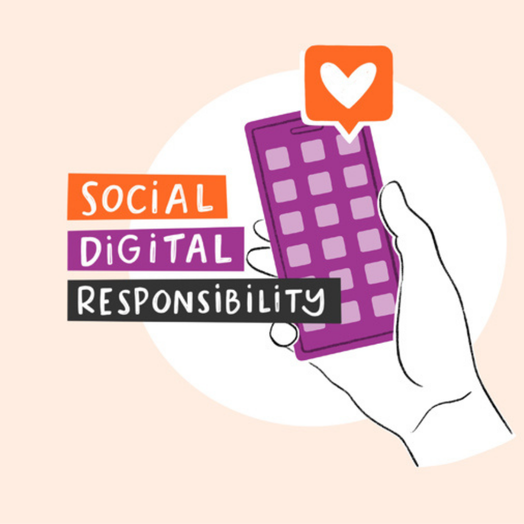 Das Bild zeigt das Logo von Social Digital Responsibility: Eine gezeichnete Hand, die ein Handy in der Hand hält. Über dem Handy sieht man eine Sprechblase mit einem Herzen.