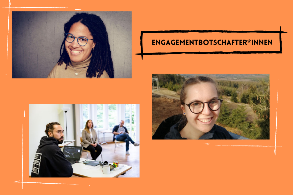 Die Collage mit orangenem Hintergund zeigt drei Fotos auf denen jeweils die Engagementbotschafter*innen abgebildet sind. Oben rechts in der Ecke ist ein Foto von Amie Savage. Mittig links ist ein Portrait der Botschafterin Luicienne Mindermann und unten rechts zeigt ein Foto den Engagementbotschafter Philipp Hill an einem Tischsitzend. © Privat und BBE / Jörg Farys