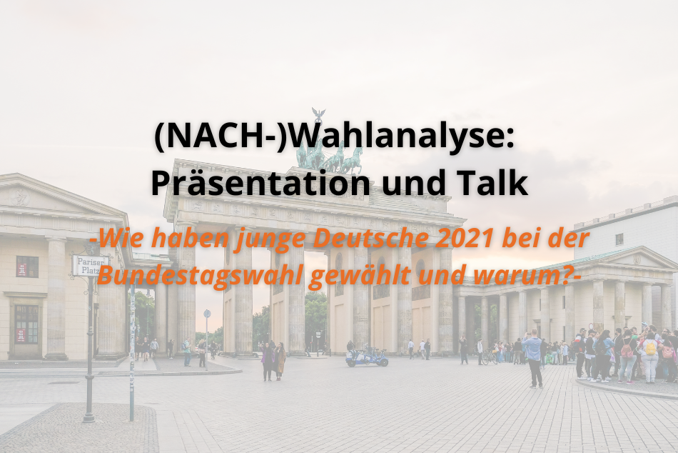 Das Beitragsbild zeigt ein verblasste Bild vom Brandenburgertor im Hintergrund. Im Vordergrund steht in der Mitte in schwarze Großbuchstaben:" (NACH-)Wahlanalyse". Darunter steht in orangener Schrift:"Wie haben junge Deutsche 2021 bei der Bundestagswahl gewählt und warum?"