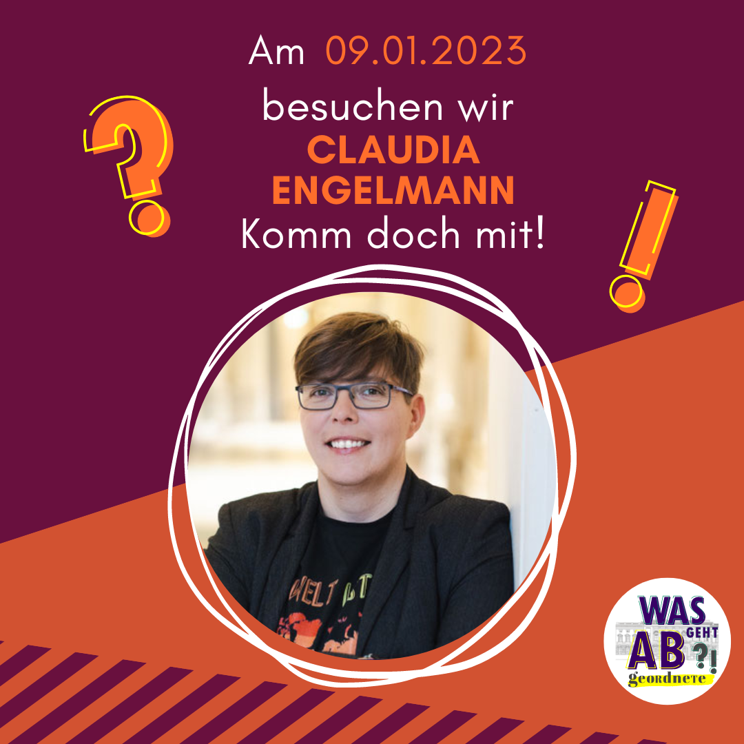 Am 09.01. besuchen wir Claudia Engelmann. Komm doch mit! Darunter ist ein Bild von Claudia Engelmann, kurze Haare und Brille.