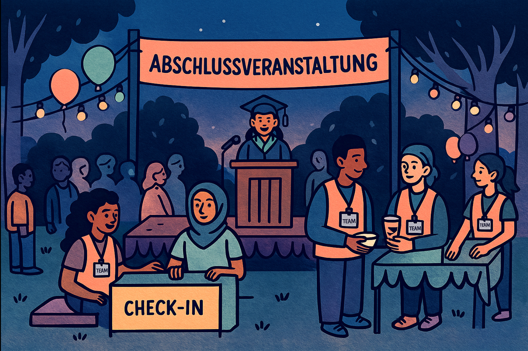 Illustration in flächigem, kontrastreichen Stil mit kühlen Blau- und Grüntönen, akzentuiert durch warmes Korall-Orange. In der Bildmitte steht eine Bühne mit Podium; darauf eine graduierte Person mit eckiger Kappe (Talar und Barett), zwei Mikrofone links und rechts. Über der Bühne spannt sich ein großes Banner mit der Aufschrift „ABSCHLUSSVERANSTALTUNG“. Links im Vordergrund sitzt eine Helferin am CHECK-IN-Tisch; neben ihr eine Person mit Kopftuch, beide tragen Team-Ausweise. Rechts im Vordergrund stehen drei Volunteers mit orangenen Sicherheitswesten und TEAM-Badges an einem Getränketisch, eine Person reicht Becher aus. Im Hintergrund sind Besucher:innen als schlichte Silhouetten zu sehen. Zwischen den Bäumen hängen Lichterketten und einzelne Luftballons; der Himmel ist dunkelblau mit wenigen Punkten, die Sterne andeuten. Die Szene vermittelt freundliche, gut organisierte Feier-Atmosphäre im Freien.