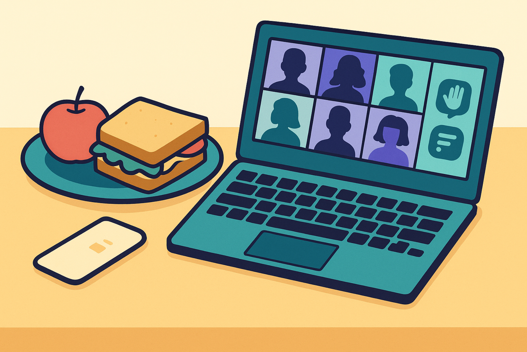 Eine flächige, comicartige Szene zeigt einen warm-beigen Tisch vor hellem Hintergrund. Links steht auf einem türkisfarbenen Teller ein Sandwich mit sichtbarem Salatblatt und daneben ein roter Apfel; rechts liegt ein aufgeklappter türkisgrüner Laptop in Schrägperspektive. Auf dem Bildschirm ist ein Raster mit Videokacheln zu sehen, in denen vereinfachte Silhouetten von Teilnehmenden dargestellt sind; daneben erscheinen Symbole für „Hand heben“ und Chat/Umfrage. Vor dem Teller liegt ein flaches Smartphone, leicht nach links gedreht. Die Formen sind klar konturiert, ohne feine Details, die Farben sind gedämpft und freundlich (Türkis-, Violett- und Beigetöne). Es gibt keinen eingeblendeten Text; Fokus ist die Kombination aus Mittagessen und Online-Austausch („Lunch & Learn“).
