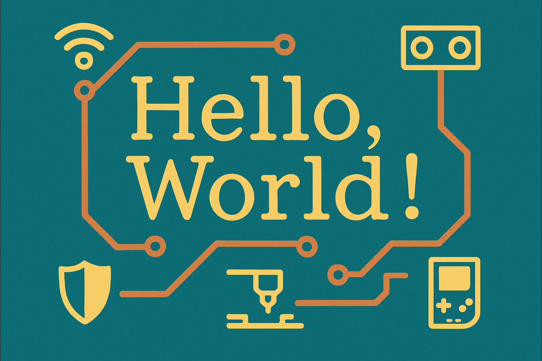 Eine flache, plakatartige Illustration in satten Türkis- und Goldtönen zeigt den Schriftzug „Hello, World!“ mittig auf einer stilisierten Leiterplatte. Um den Text verläuft eine kupferfarbene Leiterbahn mit runden Lötpunkten, die wie eine Sprechblase wirkt. An den Leiterbahnen hängen fünf einfache Piktogramme in Gelb: oben links ein WLAN-Symbol, oben rechts ein rechteckiger Sensor mit zwei runden „Augen“ (Ultraschall), unten links ein Schild (Schutz/Sicherheit), unten mittig eine kleine Fräse/3D-Druck-Düse (Maker-Space) und unten rechts ein kartenförmiges Mini-Handheld mit Steuerkreuz und Taste. Der Hintergrund ist gleichmäßig petrol-türkis, die Formen sind klar konturiert ohne feine Details; es gibt keinen weiteren Text oder reale Gegenstände. Gesamtwirkung: freundlich, technisch und einladend – Einstieg in Technik und Making.
