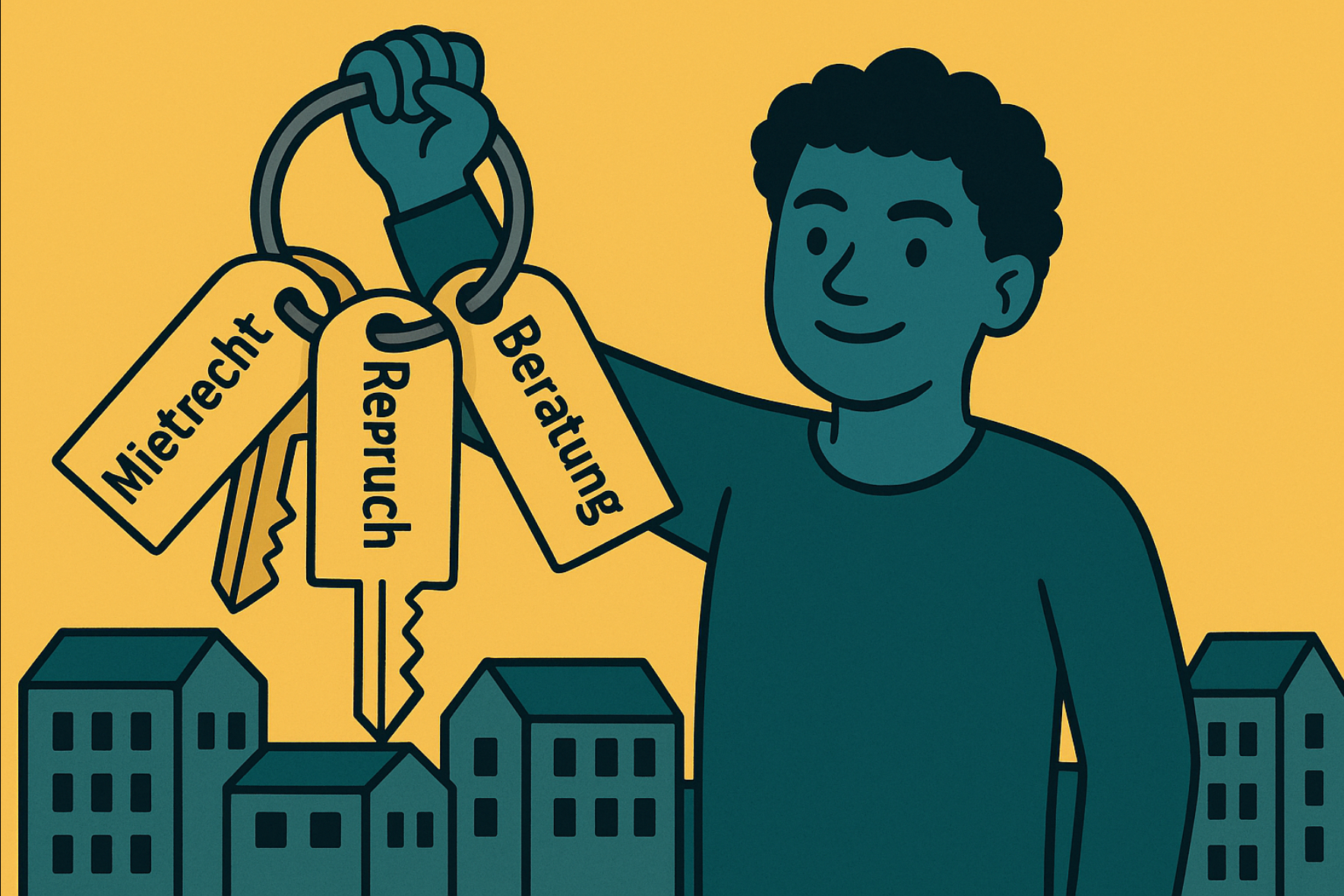 Eine plakatartige Comic-Illustration in warmen Gelb- und Petroltönen: Rechts steht eine lächelnde jugendliche Person im Halbprofil. Der rechte Arm ist hochgestreckt, in der Hand ein großer Schlüsselring mit drei übergroßen Schlüsseln. Auf den anhängenden Etiketten stehen gut lesbar „Mietrecht“ und „Beratung“, auf dem dritten ist (verkürzt) „Widerspruch“ gemeint. Im unteren Bildbereich sind stilisierte, einfarbig petrolfarbene Häuserreihen zu sehen, die wie eine Stadtkulisse wirken. Der Hintergrund ist flächig gelb ohne weitere Details. Die Konturen sind dick und klar, es gibt keine feinen Muster. Das Motiv vermittelt: Rechte und Beratung sind Schlüssel, mit denen junge Menschen Zugang zu Wohnen und Fairness erhalten.