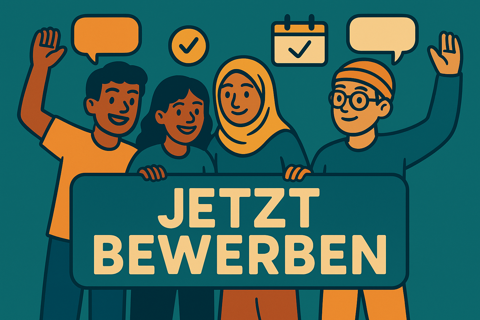 Vier junge Menschen stehen lächelnd nebeneinander und halten ein großes, abgerundetes Schild mit der Aufschrift „JETZT BEWERBEN“. Über ihren Köpfen schweben einfache Symbole wie Sprechblasen, Häkchen und ein Kalender – ein freundlicher Hinweis auf Austausch und klare Termine. Der Stil ist flächig und kontrastreich in Türkis- und Orangetönen, wodurch der Text leicht lesbar ist.