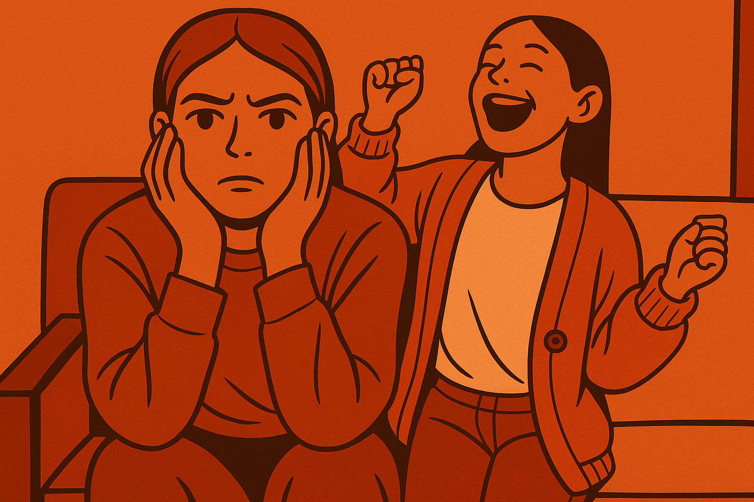 Eine digitale Illustration zeigt zwei Personen auf einem Sofa: vorne eine ältere Person mit ernstem, genervtem Gesichtsausdruck, die den Kopf in die Hände stützt, dahinter eine jüngere Person, die lachend und ausgelassen mit den Fäusten in der Luft gestikuliert. Die Szene ist in warmen, rötlich-orangenen Farbtönen gehalten und erinnert stilistisch an eine Comiczeichnung.