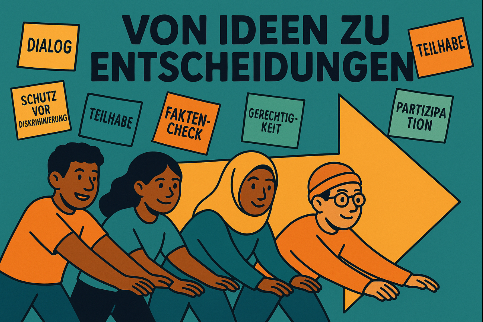 Das Bild zeigt im Vordergrund vier diverse junge Personen in Halbprofil, die dicht nebeneinander stehen und mit vorgestreckten Armen einen großen, gelben Pfeil nach rechts bewegen. Sie lächeln konzentriert und wirken als Team. Links oben und rechts schweben leicht schräg geklebte Post-its in Gelb, Orange und Türkis. Darauf stehen in Großbuchstaben die Wörter: „Dialog“, „Schutz vor Diskriminierung“, „Teilhabe“, „Faktencheck“, „Gerechtigkeit“, „Partizipation“. Oben zentriert verläuft die Überschrift „VON IDEEN ZU ENTSCHEIDUNGEN“ in kräftiger schwarzer Schrift. Der Hintergrund ist eine ruhige, petrolgrüne Fläche; Konturen sind dunkel, Flächen sind groß und klar, ohne feine Details. Die Szene vermittelt Bewegung, Gemeinschaft und das Umsetzen von Ideen in Handeln.