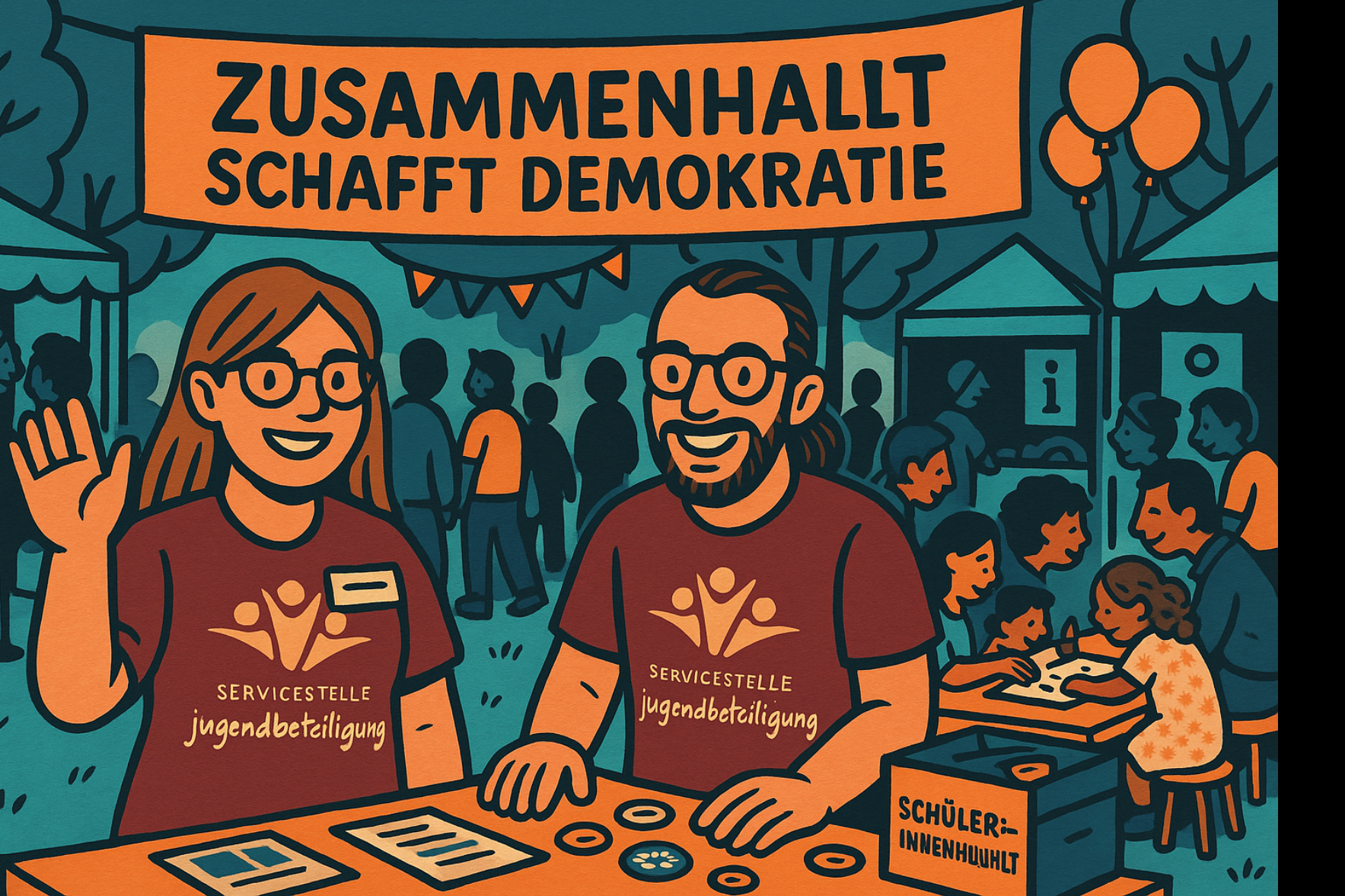 Illustration im warmen Comic-Stil in Türkis-, Orange- und Bordeaux-Tönen. Im Vordergrund links die lachende Frau mit runder Brille und schulterlangem Haar, rechts ein lächelnder Mann mit Brille und zusammengebundenen Haaren. Beide stützen die Hände auf einen orangefarbenen Tisch mit Flyern und runden Spiel-/Abstimmsteinen. Auf ihren T-Shirts steht „SERVICESTELLE jugendbeteiligung“ unter einem stilisierten Dreifiguren-Logo. Hinter ihnen spannt sich ein breites Banner mit der Aufschrift „ZUSAMMENHALT SCHAFFT DEMOKRATIE“. Rechts dahinter sitzen Kinder und Erwachsene an einem Tisch und basteln; links und rechts stehen Infostände/Zelte. Rechts oben steigen drei Luftballons. Die Szene wirkt lebendig, offen und einladend; der Fokus liegt auf Beteiligung und niedrigschwelliger Ansprache. Texte im Motiv: „ZUSAMMENHALT SCHAFFT DEMOKRATIE“, „SERVICESTELLE jugendbeteiligung“, „Schüler*innenhaushalt“ (auf einer Box).