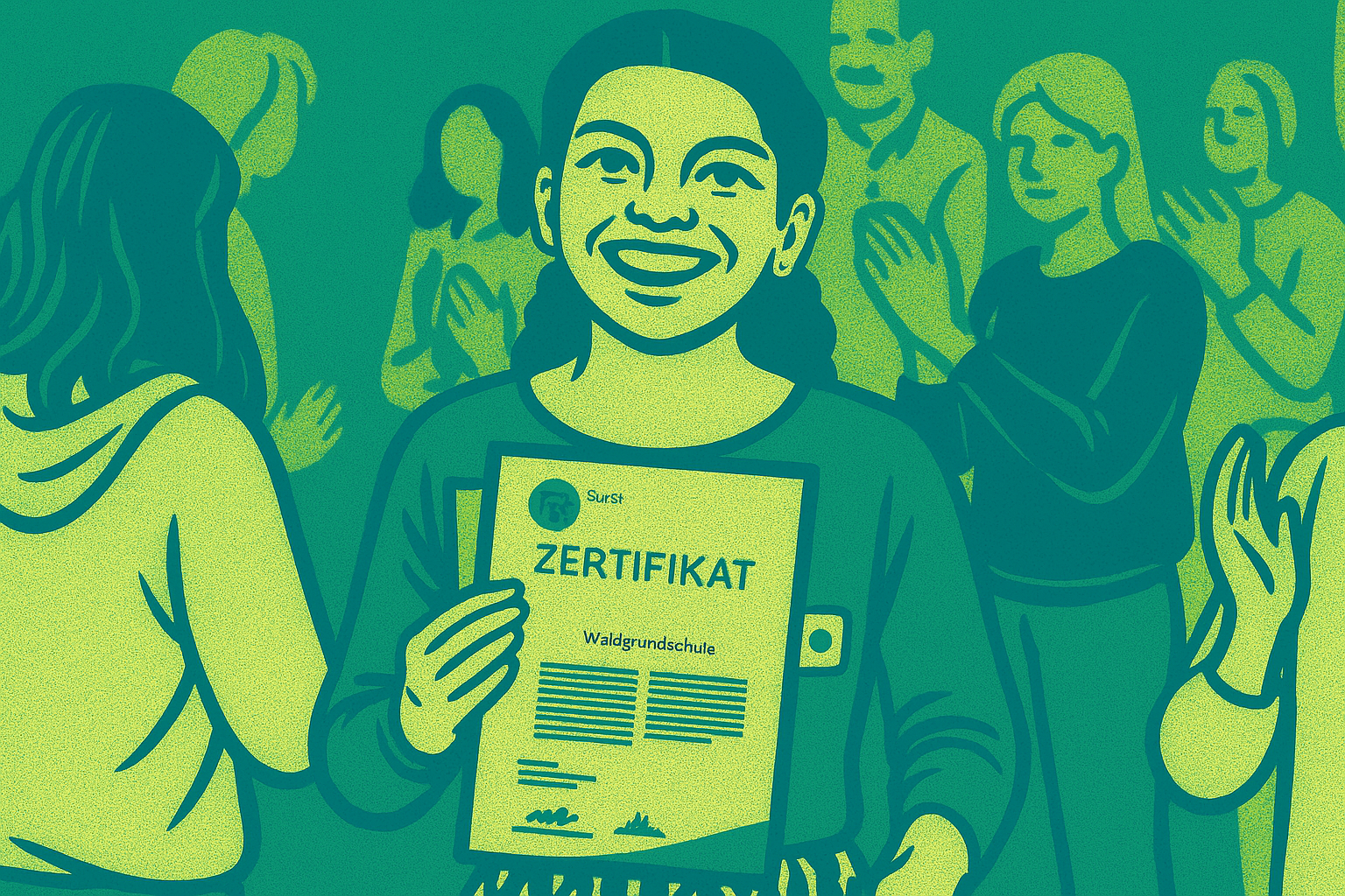 Flächige Illustration in den Farben türkis, grün und Weiß. Zentral steht eine junge Frau, die lächelnd ein Zertifikat mit der Aufschrift „ZERTIFIKAT“ (u. a. „Waldgrundschule“) vor der Brust hält. Links und rechts sind stilisierte Menschen zu sehen, die applaudieren. Der Stil erinnert an moderne Wahlplakat-Grafiken mit klaren Linien und feiner Rastertextur; der Fokus liegt auf der Freude über die Auszeichnung im Rahmen des Schüler und Schülerinnen Haushalts.