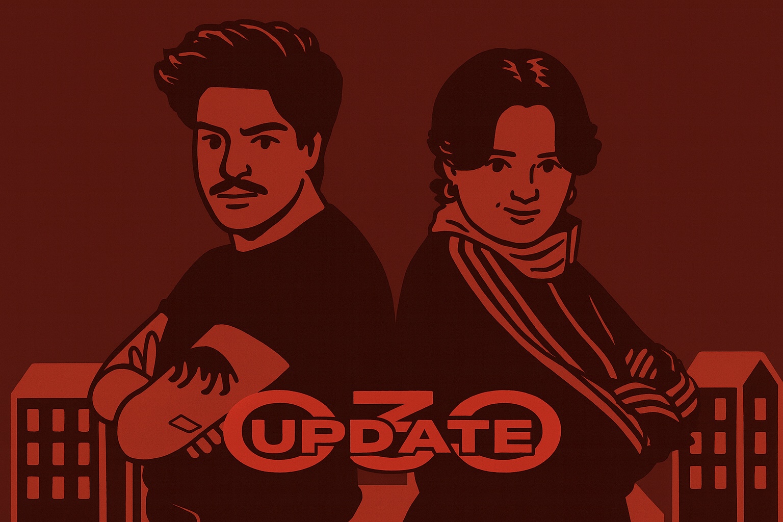 Zwei Personen stehen Rücken an Rücken vor stilisierten Gebäuden. Beide sind in einem rot-schwarzen Illustrationsstil dargestellt: links eine Person mit kurzem Haar und verschränkten Armen, rechts eine Person mit schulterlangen Haaren und Sportjacke. Unten in der Mitte steht der Schriftzug „030 UPDATE“.