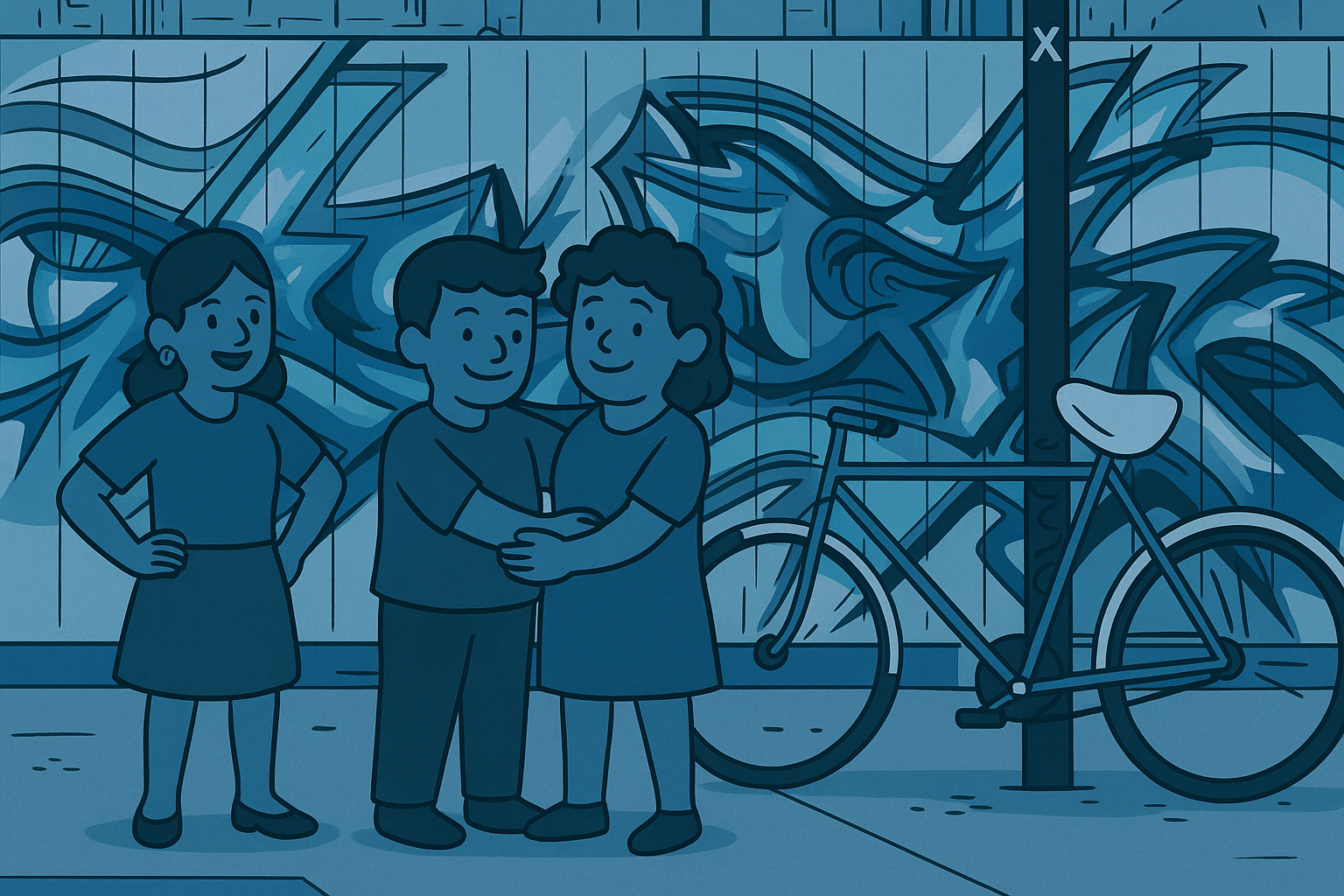 Drei Kinder stehen vor einer bläulichen Graffiti-Wand und einem Fahrrad. Zwei Kinder in der Mitte stehen sich gegenüber und umarmen sich lächelnd. Links steht ein weiteres Kind mit Händen in die Hüften gestützt, rechts steht die Gruppe vor einem Fahrrad, das an einem Pfosten lehnt. Die Illustration nutzt verschiedene Blautöne und klare, dunkle Outlines.