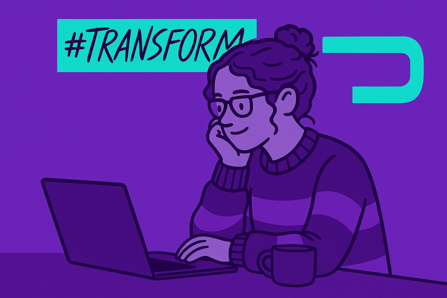 Illustration einer Person mit Brille und hochgebundenen Haaren, die an einem Laptop sitzt und entspannt lächelt. Der Stil ist flächig mit klaren Outlines in verschiedenen Lilatönen. Links oben steht in einem türkisfarbenen Kasten der Schriftzug „#TRANSFORM“. Rechts daneben befindet sich ein großes türkisfarbenes grafisches Element. Auf dem Tisch vor der Person steht eine Tasse.