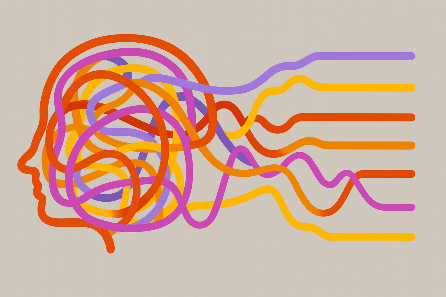 Illustration eines seitlichen Kopf-Umrisses, gefüllt mit chaotisch verschlungenen Linien in Orange, Pink, Gelb und Violett. Die bunten Linien verlaufen rechts aus dem Kopf heraus und ordnen sich dort zu parallelen, glatten Bahnen. Der Hintergrund ist beige.