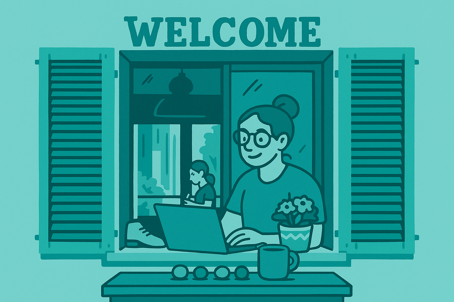 Illustrative Darstellung eines geöffneten Fensters mit helltürkisen Fensterläden. Über dem Fenster steht der Schriftzug „WELCOME“. Im Inneren sitzt eine Person mit Brille am Laptop, daneben eine Blume und eine Tasse. Auf dem Fenstersims liegen Früchte und ein Schuh. Im Hintergrund sieht man eine weitere Person im Raum. Alles ist im flächigen Stil mit verschiedenen Türkistönen gezeichnet.