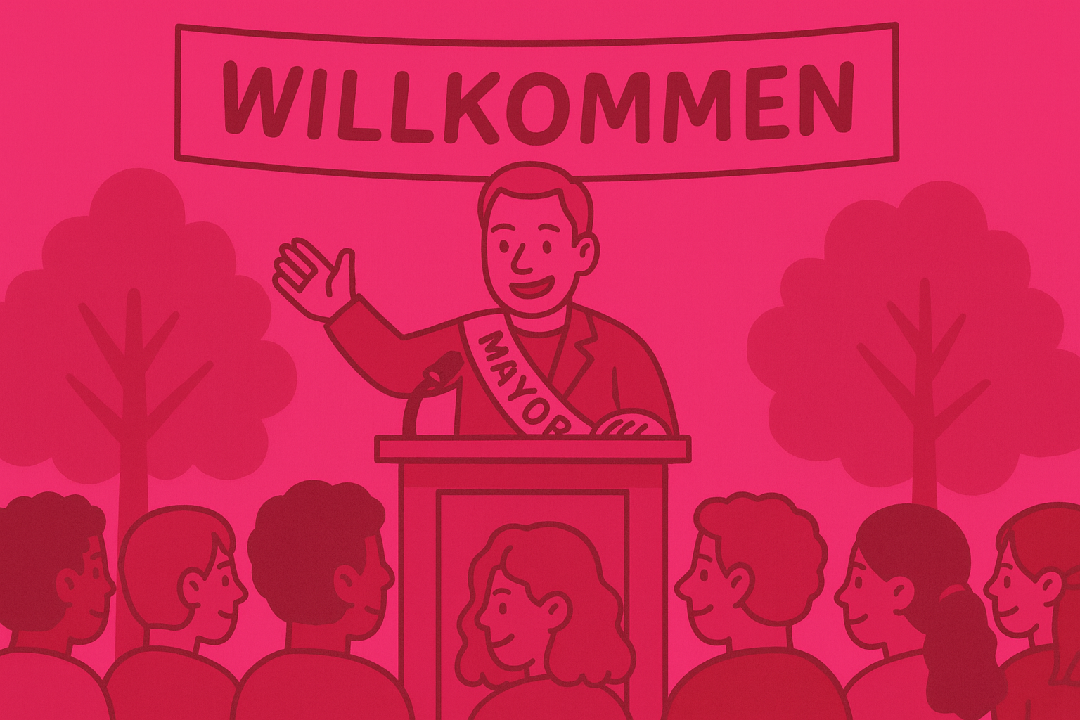 Ein Bürgermeister steht auf einer Bühne hinter einem Rednerpult und begrüßt eine große Gruppe Jugendlicher. Über ihm hängt ein Banner mit dem Wort „Willkommen“. Links und rechts stehen stilisierte Bäume. Der gesamte Stil ist flächig und in unterschiedlichen Pinktönen gehalten. Die Jugendlichen sind von hinten oder seitlich zu sehen und schauen zum Bürgermeister nach vorne.