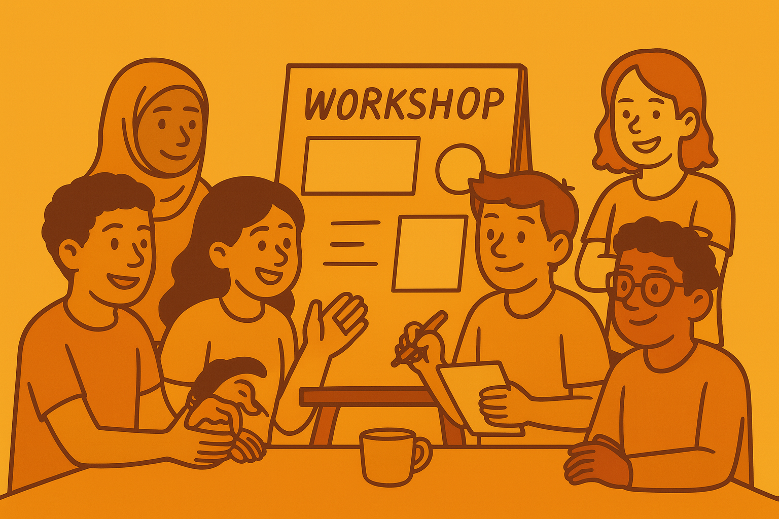 Sechs Jugendliche sitzen und stehen um ein Flipchart mit der Überschrift „Workshop“. Zwei sprechen miteinander, einer macht Notizen, andere hören zu oder lächeln. Alle sind im flächigen Illustrationsstil in warmen Orange- und Gelbtönen dargestellt. Eine Tasse steht auf dem Tisch im Vordergrund.