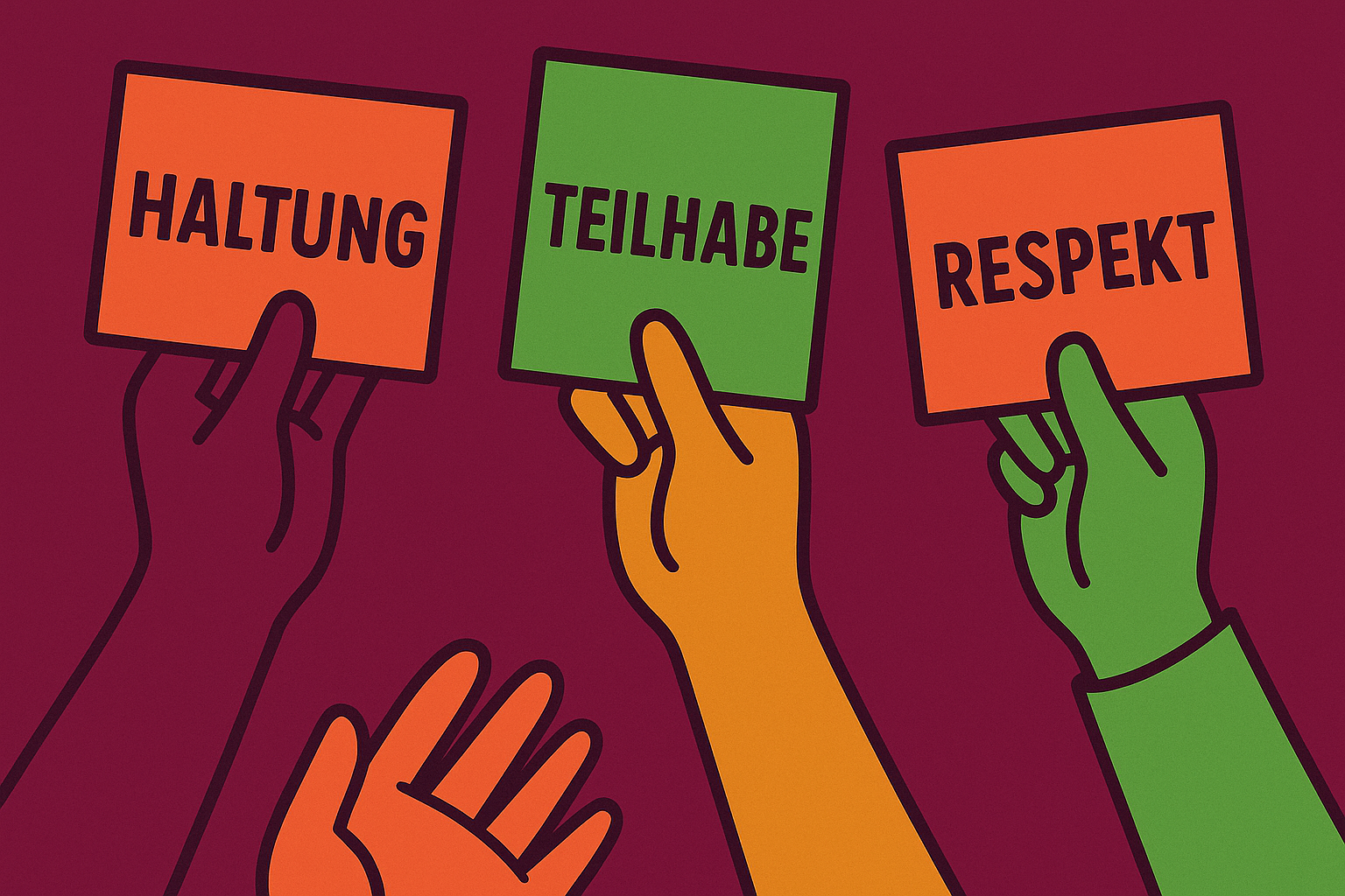 Drei unterschiedlich gefärbte Hände halten Karten mit den Wörtern „Haltung“, „Teilhabe“ und „Respekt“. Die Karten sind in Orange und Grün gestaltet, der Hintergrund in Bordeauxrot. Der Illustrationsstil ist flächig, freundlich und kontrastreich.