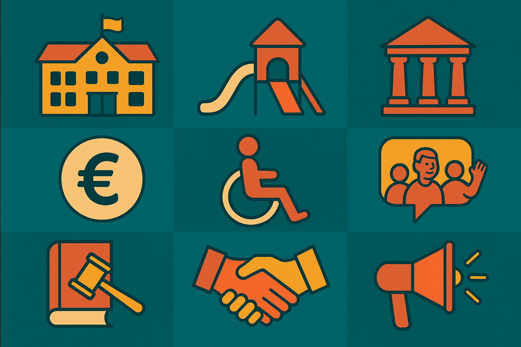 3×3 Raster aus flächigen Piktogrammen auf tealgrünem Grund: oben Schule, Spielplatz und Rathaus; in der Mitte Euro-Symbol (Budget), Rollstuhlpiktogramm (Barrierefreiheit) und Sprechblase mit drei Personen (Beteiligung); unten Gesetzbuch mit Richterhammer, Handschlag und Megafon; Farben in Senfgelb und Koralle mit dunklen Outlines.