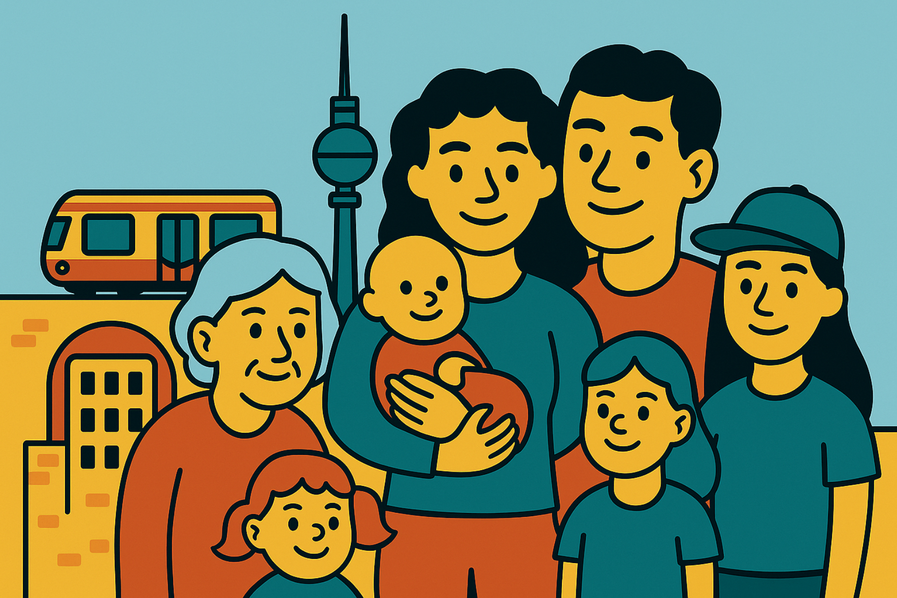 Illustration im flachen, farbenfrohen Vektorstil, die eine mehrgenerationale Familie vor der Berliner Skyline zeigt. Im Hintergrund sind der Fernsehturm und eine rot-gelbe S-Bahn auf einer Brücke zu sehen. Im Vordergrund stehen sechs Familienmitglieder: eine ältere Frau mit grauen Haaren, eine Mutter mit Baby auf dem Arm, ein Vater, ein kleines Mädchen, ein Kind und eine jugendliche Tochter mit Kappe. Die Farbpalette besteht aus hellblauen, hellgelben und rot-orangen Tönen und verleiht der Szene eine warme, freundliche Atmosphäre.