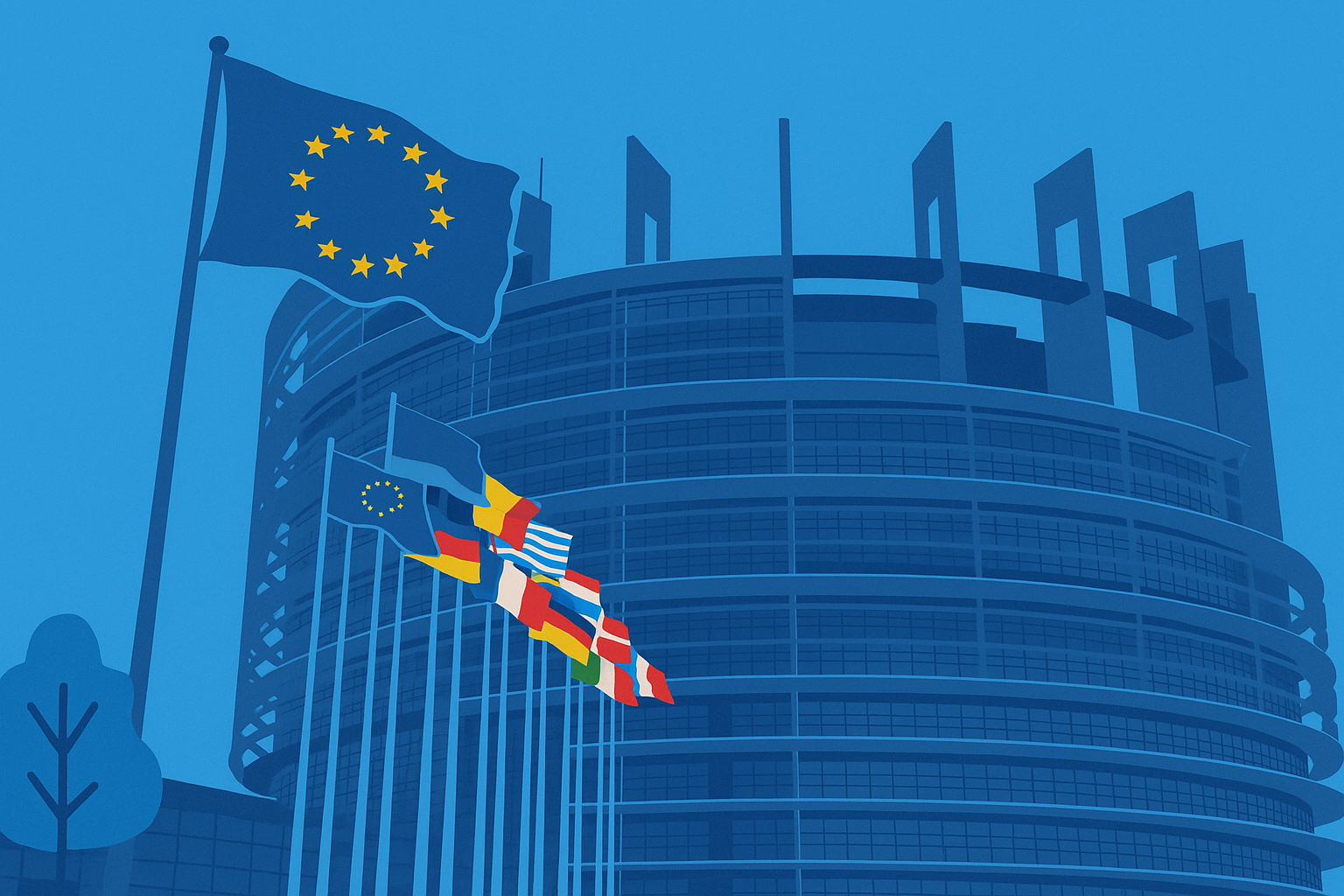 Flächige Illustration des Europäischen Parlaments mit seiner runden Glasfassade. Im Vordergrund wehen die EU-Flagge und mehrere Nationalflaggen an Fahnenmasten. Das gesamte Bild ist in verschiedenen Blautönen gehalten, die blaue Fläche dient als dominanter Hintergrund.