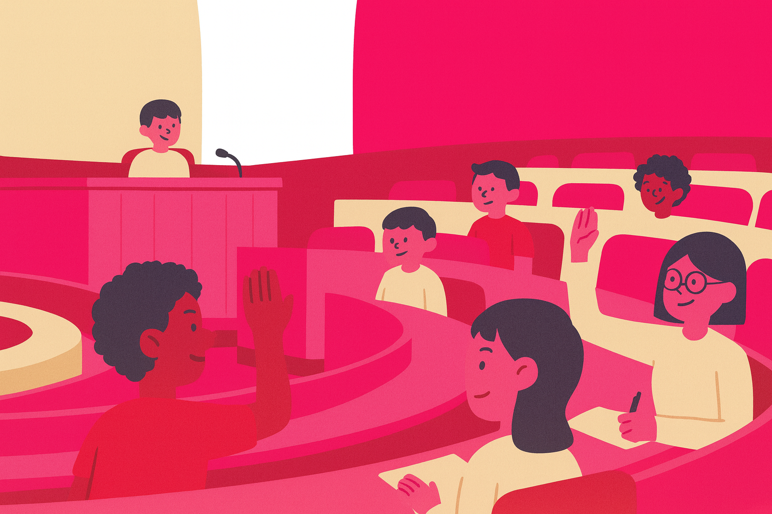 Flächige Illustration eines Parlamentsraums, in dem ausschließlich Kinder auf geschwungenen Sitzbänken sitzen. Mehrere Kinder melden sich, andere hören aufmerksam zu. Vorne steht ein Kind am Rednerpult mit Mikrofon. Die Szene ist in Beige-, Rosa- und kräftigen Pinktönen gehalten und wirkt freundlich und einladend.