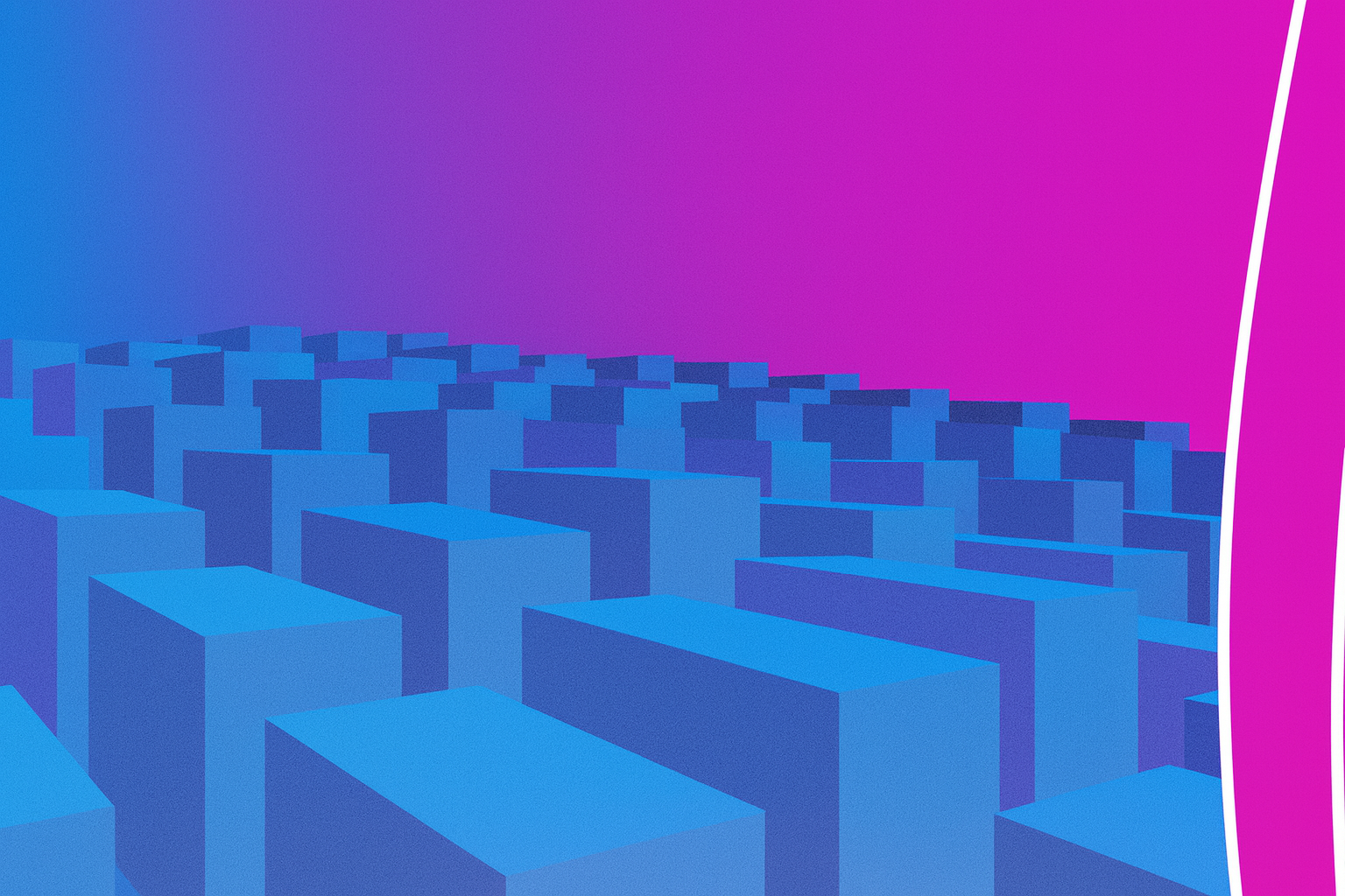 Flächige Illustration des Berliner Holocaust-Mahnmals mit vielen rechteckigen Stelen in unterschiedlichen Höhen. Die Stelen sind in Blautönen gehalten und füllen den unteren Bildbereich. Der Himmel verläuft in einem Farbverlauf von Blau zu Pink und Violett, rechts begrenzen geschwungene weiße Linien die Szene. Die Darstellung wirkt ruhig, abstrakt und reduziert.