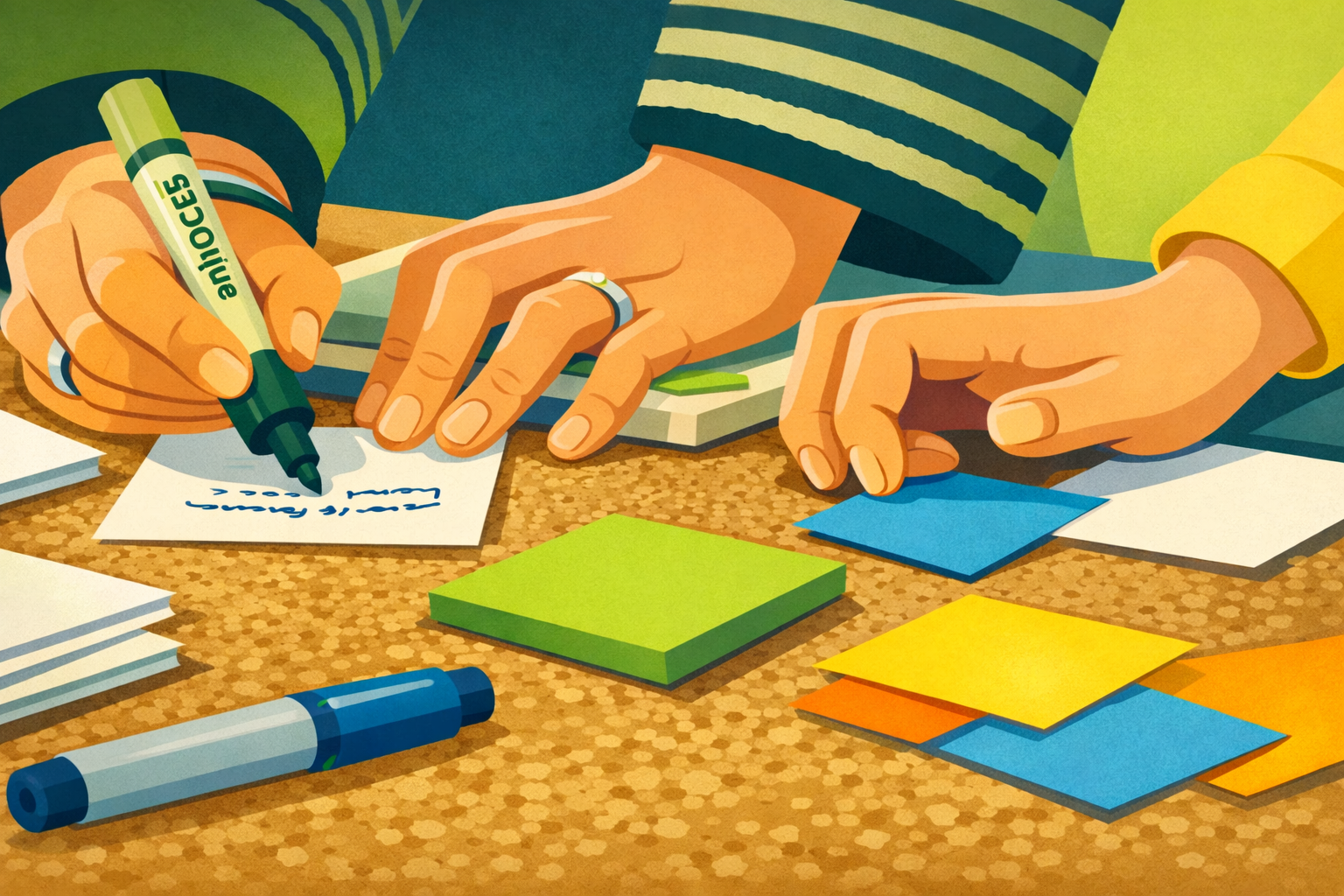 Illustration von mehreren Händen, die gemeinsam auf einem Tisch mit bunten Haftnotizen und Karten arbeiten; eine Person schreibt mit einem Marker, andere sortieren Zettel. Die Szene ist im flachen, modernen Illustrationsstil gehalten und nutzt eine Farbpalette aus Blau- und Grüntönen, die Zusammenarbeit und Engagement symbolisiert.