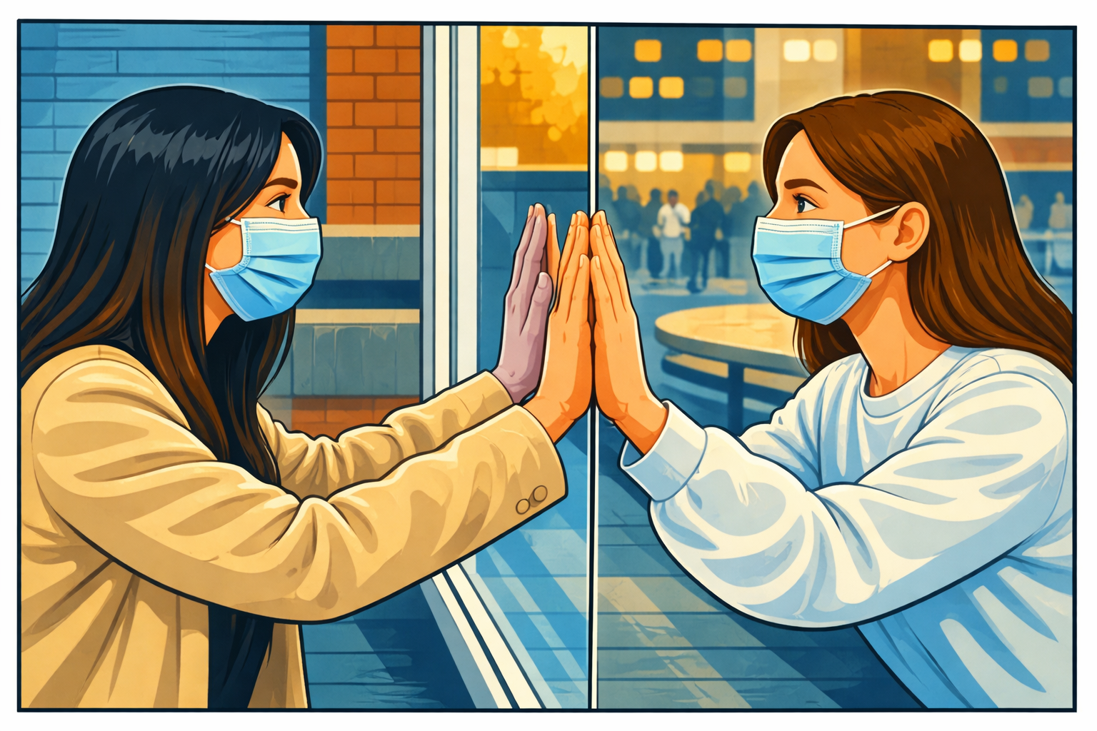 Zwei Personen mit Mund-Nasen-Schutz stehen sich auf gegenüberliegenden Seiten einer Glasscheibe gegenüber und legen ihre Handflächen spiegelbildlich an das Glas. Die Szene spielt im urbanen Raum und symbolisiert Nähe, Solidarität und Verbundenheit trotz physischer Trennung.