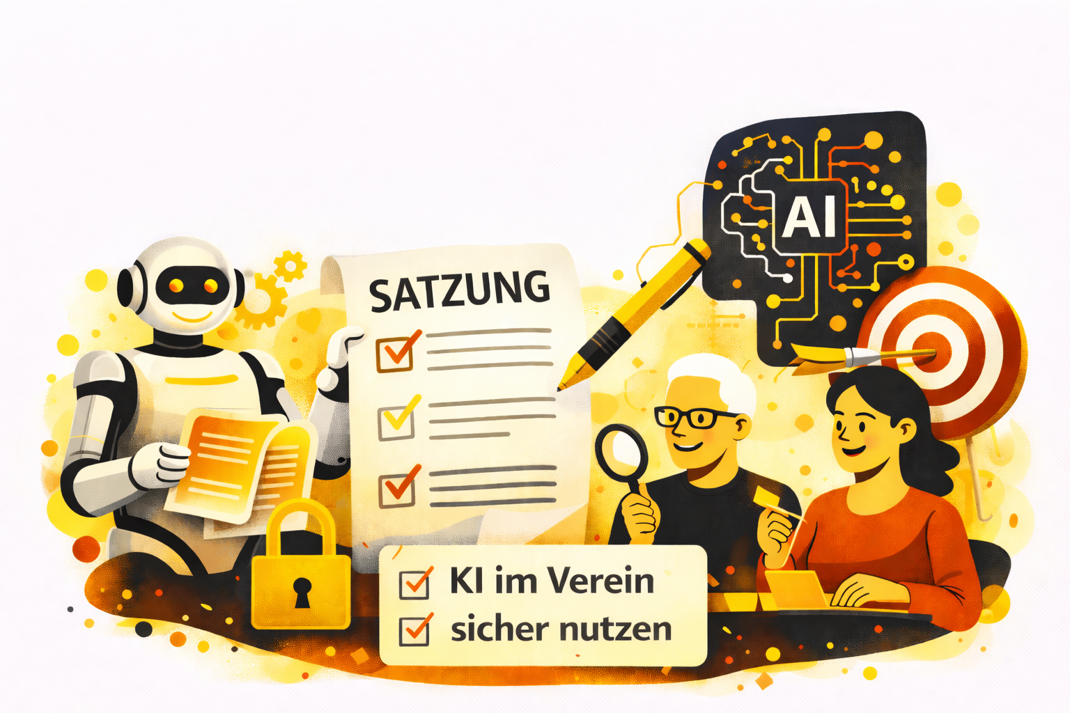 Grafische Illustration zum Thema KI in der Satzungsgestaltung: Ein Roboter hält ein Dokument mit dem Titel „Satzung“ und abgehakten Punkten. Daneben prüfen zwei Personen die Inhalte – eine mit Lupe, eine am Laptop. Ein Ziel mit Pfeil im Zentrum symbolisiert präzise Formulierungen. Ein Schloss steht für Sicherheit. Die Farbgestaltung ist reduziert auf Gelb, Rot und Schwarz im klaren, flächigen Stil.