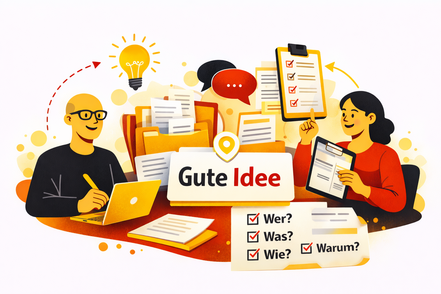 Grafische Illustration von zwei Personen, die gemeinsam eine Projektidee ausarbeiten. Zwischen ihnen liegen Unterlagen, Ordner und Notizen. Eine Person arbeitet am Laptop, die andere hält ein Klemmbrett mit Checkliste. Eine Glühbirne symbolisiert eine gute Idee. Im Vordergrund stehen Leitfragen wie „Wer?“, „Was?“, „Wie?“ und „Warum?“. Die Farbgestaltung ist reduziert auf Gelb, Rot und Schwarz in einem klaren, flächigen Stil.