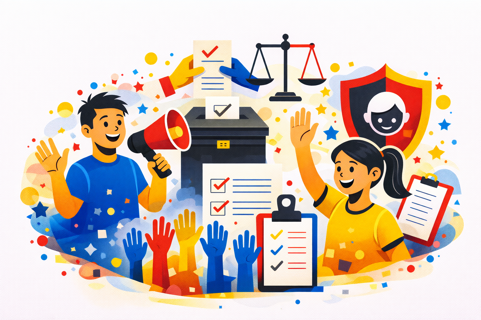 Flächige Illustration zum Thema Demokratie, Kinderrechte und Beteiligung in den Farben Rot, Gelb, Blau und Schwarz. Ein Junge mit Megafon und ein Mädchen mit erhobener Hand stehen vor einer Wahlurne mit Stimmzettel. Mehrere erhobene Hände symbolisieren Mitbestimmung. Eine Justizwaage steht für Gerechtigkeit, ein Schutzschild mit Kindersymbol für Kinderrechte. Der Stil ist klar, grafisch und plakativ.