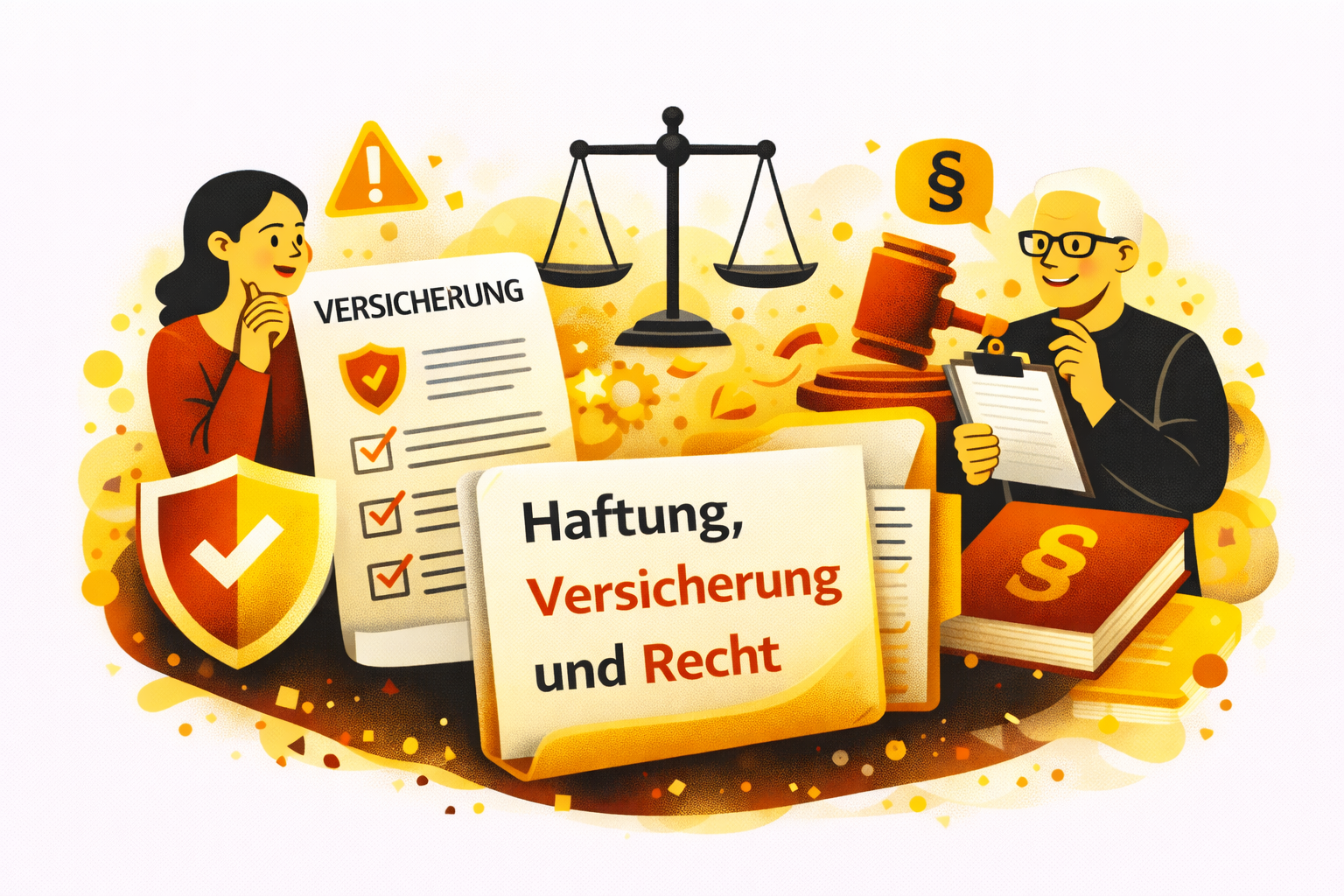 Grafische Illustration zum Thema Haftung, Versicherung und Recht. Zwei Personen betrachten Dokumente und Checklisten. Ein Schutzschild mit Häkchen, eine Waage der Justiz, ein Richterhammer und ein Paragraphenzeichen symbolisieren rechtliche Sicherheit und Absicherung. Die Farbgestaltung ist reduziert auf Gelb, Rot und Schwarz im klaren, flächigen Illustrationsstil.
