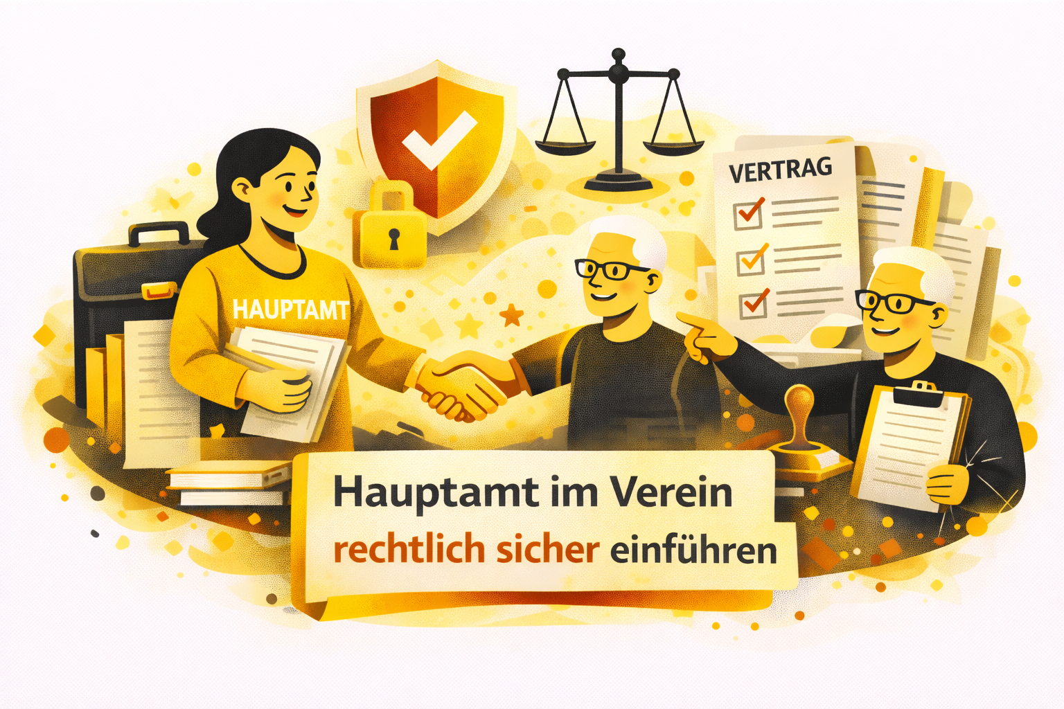 Grafische Illustration von zwei Personen, die gemeinsam die Einführung einer hauptamtlichen Stelle im Verein vorbereiten. Eine Person hält Unterlagen, die andere zeigt auf ein Vertragsdokument mit Checkliste. Symbole wie Paragraphenzeichen, Justizwaage, Schutzschild mit Häkchen und Vorhängeschloss stehen für rechtliche Sicherheit. Die Farbgestaltung ist reduziert auf Gelb, Rot und Schwarz im klaren, flächigen Illustrationsstil.
