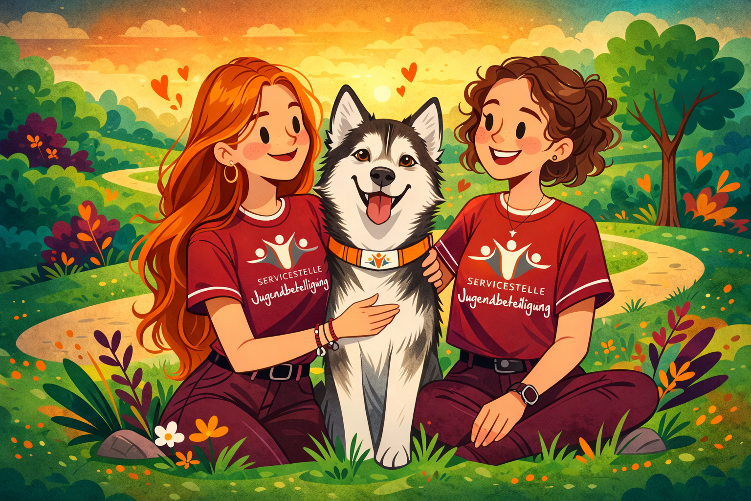 Illustration im warmen, modernen Vektor-Stil: Zwei junge Frauen sitzen im Grünen in einem Park und lächeln sich an. Zwischen ihnen sitzt ein freundlicher Husky mit herausgestreckter Zunge. Beide Frauen tragen dunkelrote T-Shirts mit dem Logo „Servicestelle Jugendbeteiligung“. Der Hund trägt ein passendes Halsband mit dem gleichen Logo. Im Hintergrund sind ein geschwungener Weg, Bäume, Büsche und ein orangefarbener Himmel mit weicher Abendstimmung zu sehen. Kleine Herzsymbole betonen die freundliche Atmosphäre.