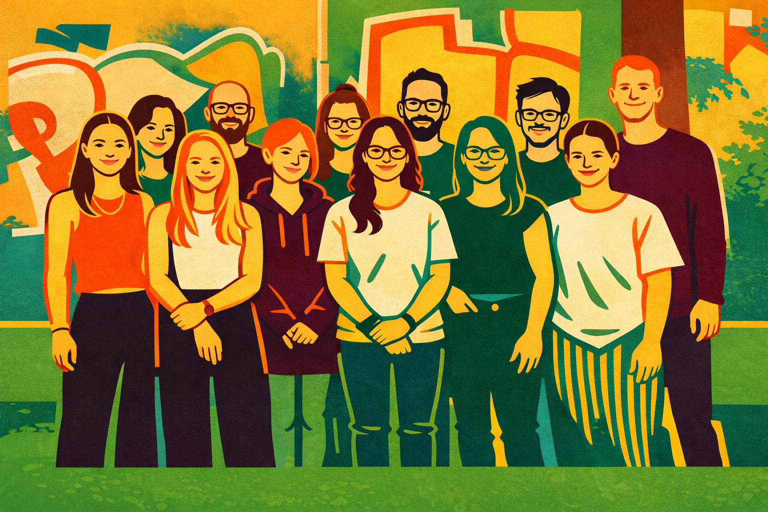 Illustration einer Gruppe von zwölf jungen Erwachsenen, die dicht nebeneinander vor einer urbanen Wand mit Graffiti stehen. Die Personen sind vereinfacht und grafisch dargestellt, mit klaren Konturen und flächigen Formen. Die Farbpalette besteht aus Orange, Bordeaux, Grün, Türkis und Gelb. Alle schauen nach vorne und wirken offen und gemeinschaftlich.