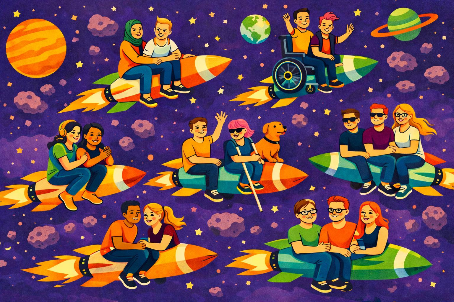 Illustration von zehn Jugendlichen im Alter, die auf einzelnen Raketen durch das Weltall fliegen. Die Jugendlichen sind in unterschiedlichen Konstellationen dargestellt – allein, zu zweit oder zu dritt – und vielfältig gemischt, unter anderem mit und ohne Behinderungen. Der grafische Stil ist flächig und plakativ, mit klaren Konturen. Die Farbpalette besteht aus Gelb, Orange, Grün, Türkis und Violett. Sterne, Planeten und Asteroiden bilden einen weiten Hintergrund mit viel Abstand zwischen den Raketen.