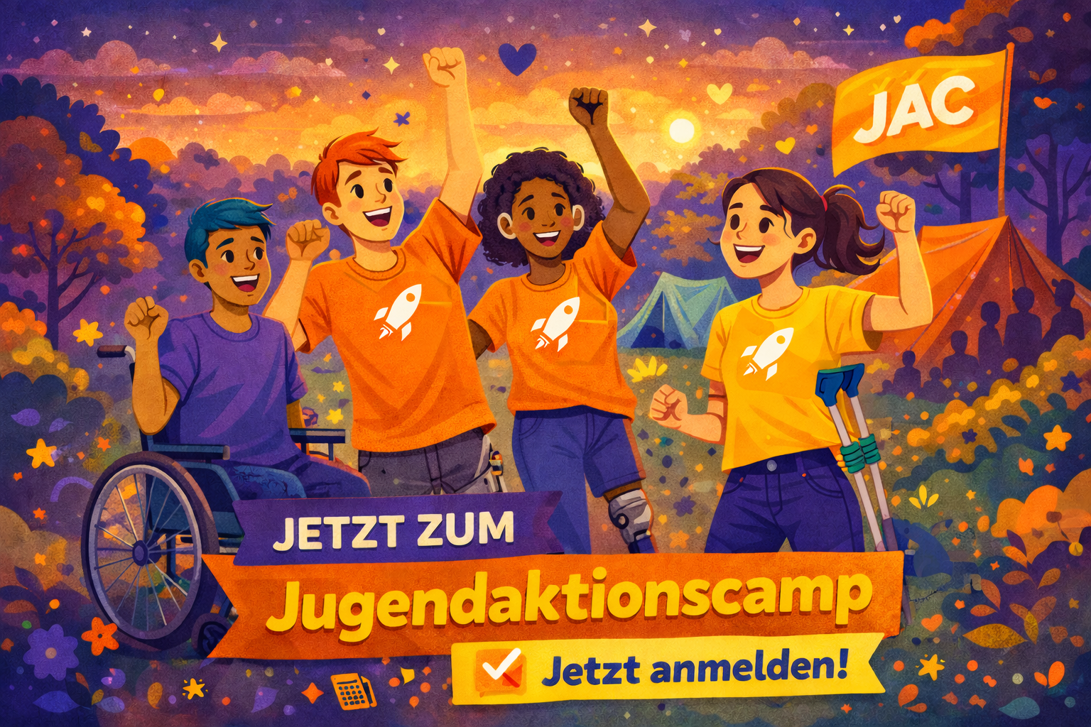 Illustration im warmen, farbintensiven Vektor-Stil: Vier diverse Jugendliche stehen bei Sonnenuntergang auf einem Camp-Gelände und jubeln gemeinsam. Eine Person sitzt im Rollstuhl, eine trägt eine Beinprothese und eine weitere hält Unterarmgehstützen. Alle tragen bunte T-Shirts mit einer weißen Rakete als Logo. Im Hintergrund sind Zelte, ein Lagerfeuer und eine Fahne mit der Aufschrift „JAC“ zu sehen. Unten im Bild steht: „Jetzt zum Jugendaktionscamp – Jetzt anmelden!“ Die Szene wirkt fröhlich, inklusiv und motivierend.