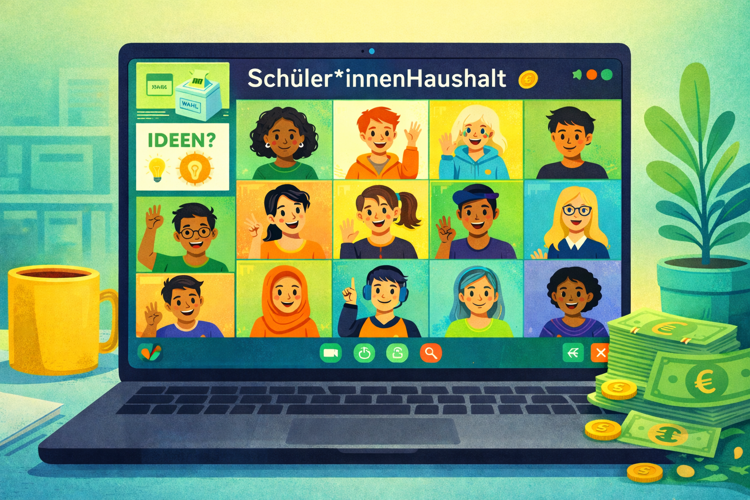 Illustration im modernen, farbintensiven Vektor-Stil: Auf einem Schreibtisch steht ein Laptop, auf dessen Bildschirm eine Videokonferenz zum SchülerinnenHaushalt zu sehen ist. Zwölf diverse Jugendliche sind in einer Kachelansicht dargestellt und winken oder melden sich. Über der Kachelansicht steht „SchülerinnenHaushalt“. Links im Bild stehen eine gelbe Tasse, rechts eine Pflanze sowie Geldscheine und Münzen als Symbol für Budget und Mitbestimmung. Die Szene wirkt freundlich, inklusiv und einladend.