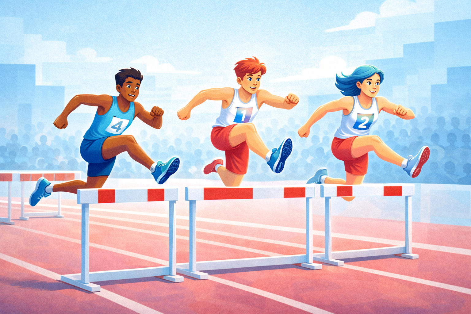 Illustrative Szene im weichen, modernen Cartoon-Stil: Drei junge, diverse Athlet*innen springen gleichzeitig über Hürden auf einer Laufbahn bei einem Wettbewerb. Der Hintergrund zeigt ein Stadion mit angedeutetem Publikum in sanften Blau- und Rosatönen. Die Farbwelt ist pastellig mit kühlen Blauverläufen im Himmel und warmen Rot- und Rosanuancen auf der Bahn. Die Figuren wirken dynamisch und motiviert, mitten im Sprung über weiß-rote Hürden.