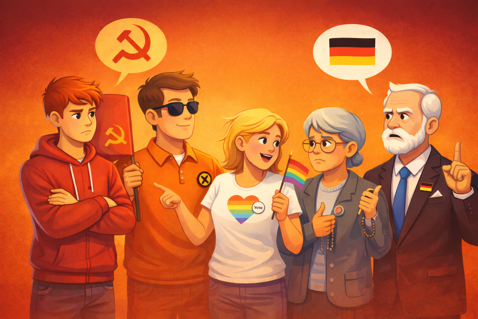 Illustrative Szene im warmen Orange-Rot-Farbverlauf: Eine Familie mit vier Generationen steht nebeneinander und diskutiert. Ein Jugendlicher mit verschränkten Armen wirkt kritisch, eine mittlere Generation zeigt gestikulierend aufeinander, eine Person hält eine kleine Regenbogenflagge, eine ältere Person trägt religiöse Symbole, und eine weitere ältere Person im Anzug hebt mahnend den Finger. Über einzelnen Köpfen sind Sprechblasen mit unterschiedlichen Symbolen zu sehen. Die Figuren zeigen deutlich unterschiedliche politische Haltungen durch Mimik, Gestik und Accessoires.