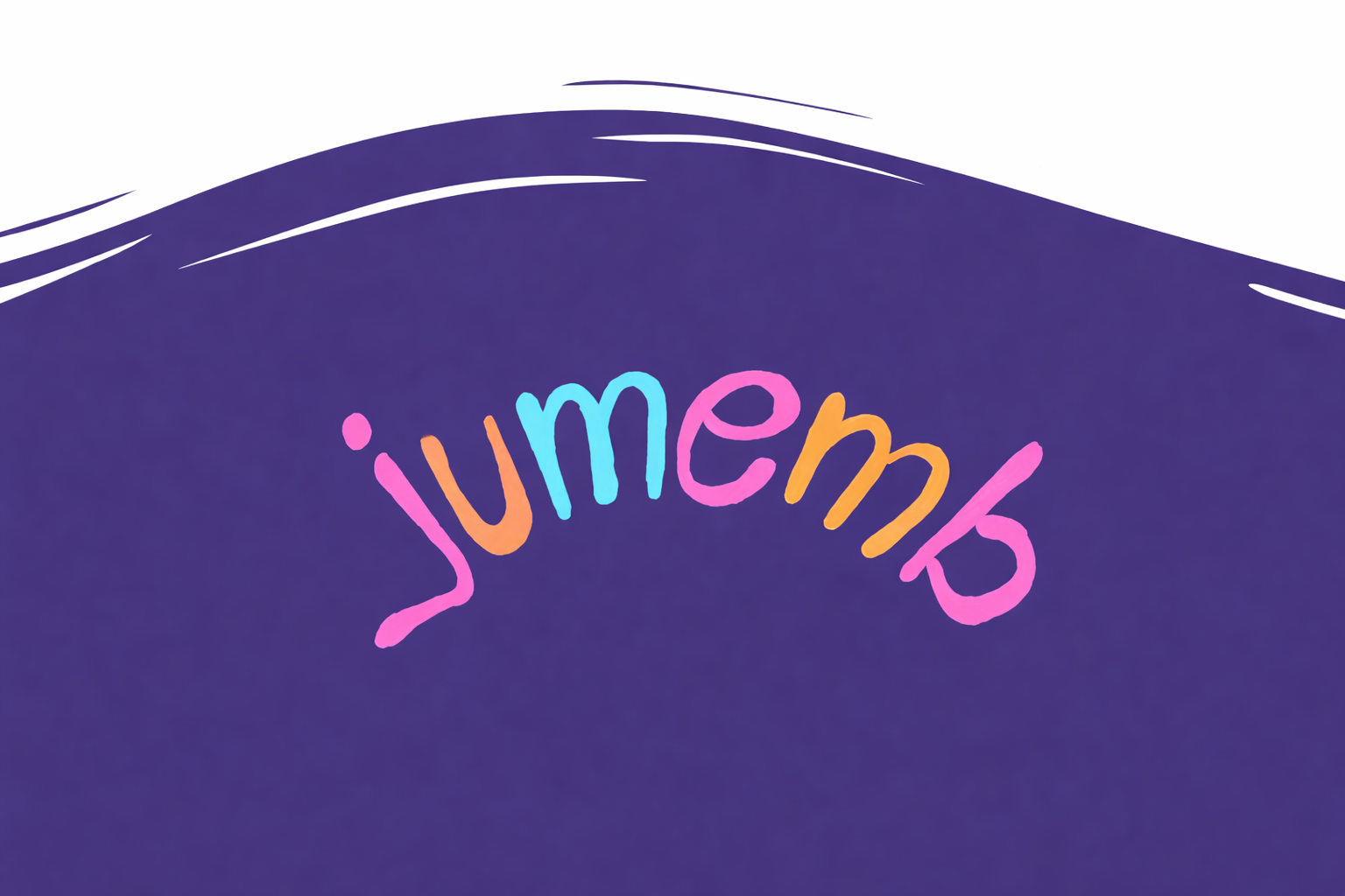 Grafisches Logo mit dem handgeschriebenen Schriftzug „jumemb“ in bunten Farben auf dunkelviolettem Hintergrund. Oberhalb des Logos verlaufen weiße, geschwungene Pinselstriche. Das Bild ist im Querformat 3:2 gestaltet und wirkt verspielt, offen und einladend.