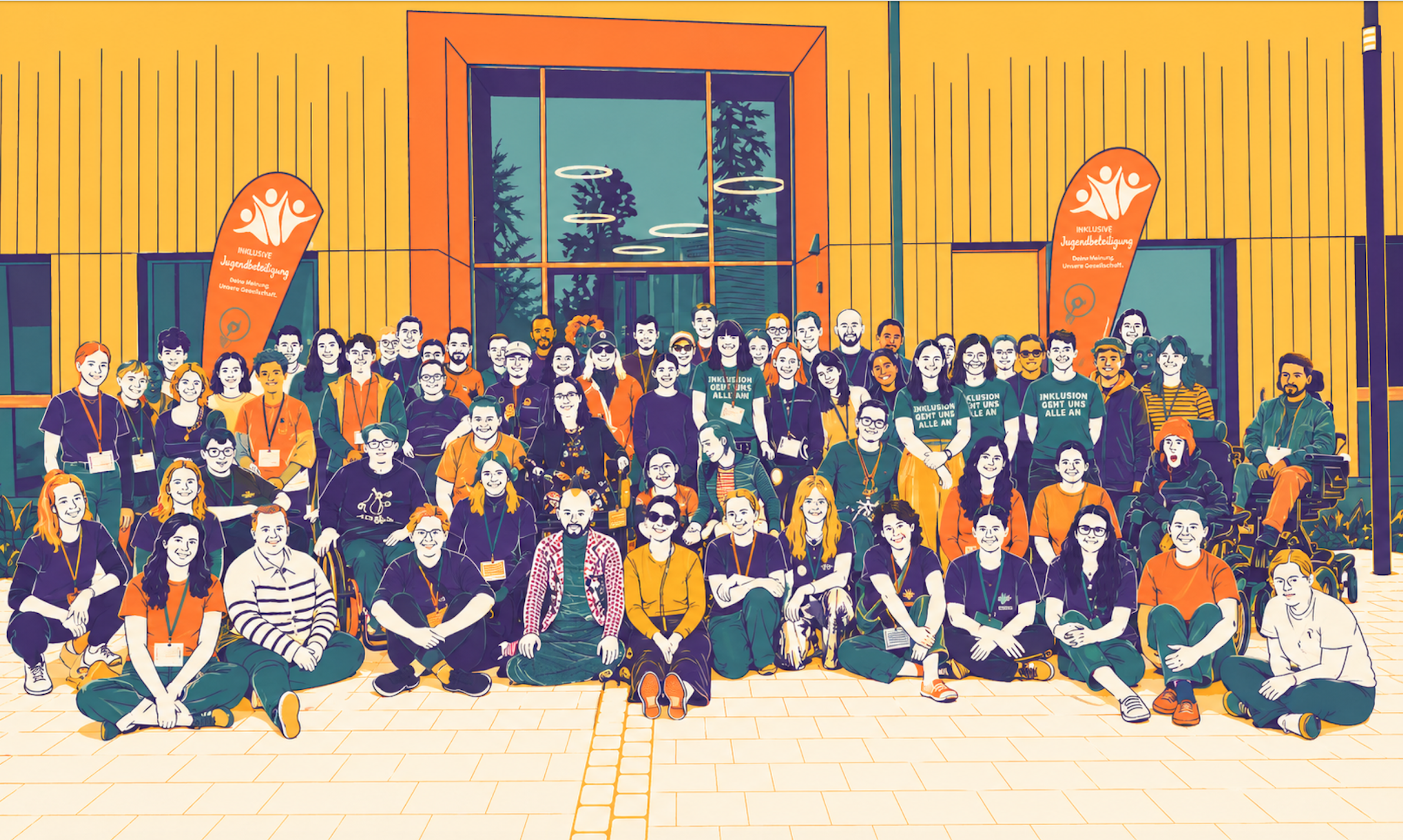 Stilisierte Gruppenillustration im warmen Gelb-, Orange-, Petrol- und Violett-Farbschema: Eine große, diverse Gruppe von Menschen sitzt und steht gemeinsam vor einem modernen Gebäude mit Holzfassade. Einige tragen Namensschilder, andere sitzen auf dem Boden oder stehen dahinter. Auch Menschen mit Behinderung sind sichtbar, darunter eine Person im Rollstuhl. Fahnen mit Symbolen für Jugendbeteiligung stehen im Hintergrund. Die Szene vermittelt Gemeinschaft, Vielfalt und ein gemeinsames Event in freundlicher, grafischer Illustration.